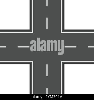 Incroci che dividono quattro strade con strisce bianche che segnano le corsie creando una forma a croce, che rappresenta l'incrocio, il trasporto e la pianificazione urbana Illustrazione Vettoriale