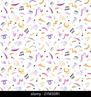 Linea multicolore acquerello volante e note di musica nera motivo senza cuciture in stile musicale. Pennellate arancioni e viola in forme ingenue per bambini. Foto Stock