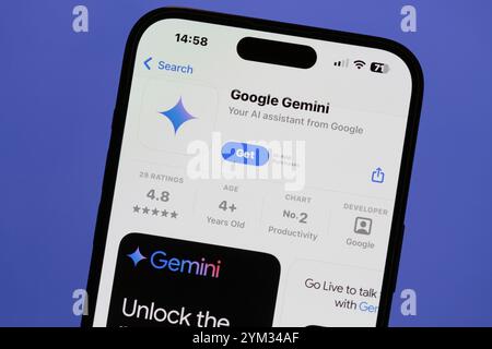 Ostersund, Svezia - 17 novembre 2024. App Google Gemini su uno smartphone. Google Gemini è un chatbot di intelligenza artificiale generativo sviluppato da Google Foto Stock