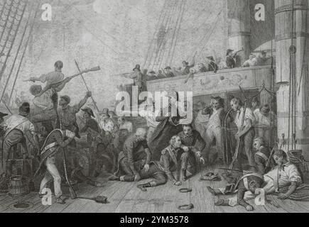 Morte del contrammiraglio Magon (1763-1805) nella battaglia di Trafalgar, 21 ottobre 1805, al comando della nave francese di linea Algésiras. Disegno di Karl Girardet. Incisione di Paul Girardet. Histoire du Consulat et de l'Empire (storia del Consolato e dell'Impero di Francia sotto Napoleone), di A. Thiers. Volume vi. Pubblicato a Parigi, 1847. Foto Stock