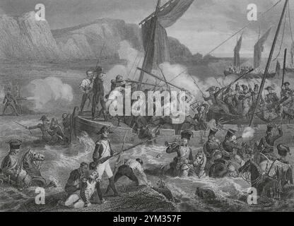 Guerre napoleoniche. Tra il 1804 e il 1805, Napoleone Bonaparte riunì la grande Armée nella città francese di Boulogne (Boulogne-sur-Mer), con l'obiettivo di lanciare l'invasione dell'Inghilterra da lì. Combattimenti sulla spiaggia di Boulogne, 1804. Disegno di Eugène Charpentier. Incisione di Beyer. Histoire du Consulat et de l'Empire (storia del Consolato e dell'Impero di Francia sotto Napoleone), di A. Thiers. Volume IV. Pubblicato a Parigi, 1845. Foto Stock