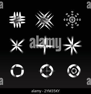 Collezione di elementi incrociati astratti Silver Chrome Star Illustrazione Vettoriale