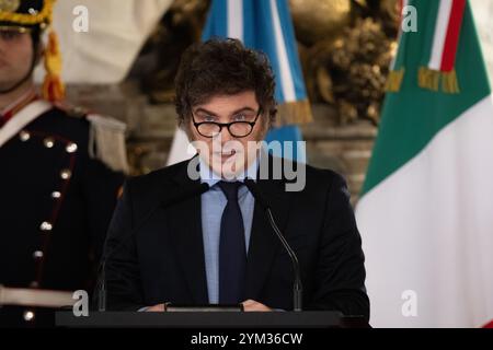 Buenos Aires, Argentina. 20 novembre 2024. Javier Milei, Presidente dell'Argentina, parla in una conferenza stampa congiunta con il primo ministro italiano Meloni nel palazzo del governo. Crediti: Cristina Sille/dpa/Alamy Live News Foto Stock