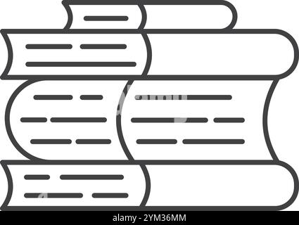 Semplice disegno in linea di quattro libri impilati, con il libro centrale aperto, che mostra il testo, che rappresenta l'apprendimento, lo studio e la lettura Illustrazione Vettoriale