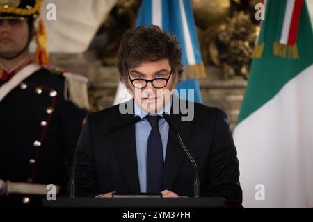 Buenos Aires, Argentina. 20 novembre 2024. Javier Milei, Presidente dell'Argentina, parla in una conferenza stampa congiunta con il primo ministro italiano Meloni nel palazzo del governo. Crediti: Cristina Sille/dpa/Alamy Live News Foto Stock