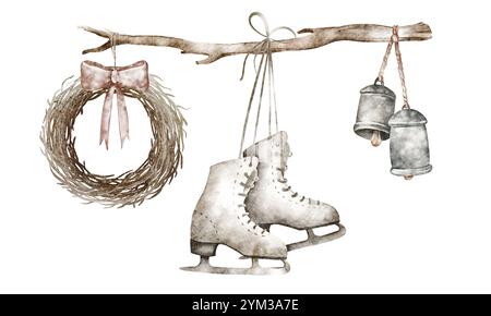 Illustrazione ad acquerello di decorazioni invernali appese su un ramo di legno asciutto Foto Stock