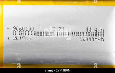 Stampa dettagliata sui polimeri di litio, batteria agli ioni di litio per dispositivi mobili. Foto Stock