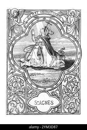 Illustrazione in bianco e nero di Sant'Agnese, Vergine martire del IV secolo, patrona delle ragazze, dal libro d'antiquariato le vite dei Padri, dei Martiri e. Foto Stock