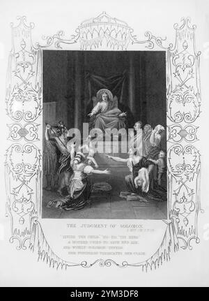 Illustrazione del giudizio di Salomone - due madri che vivevano nella stessa casa avevano ciascuno un figlio neonato uno era morto e ogni madre sosteneva la vita Foto Stock