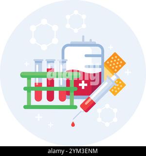 Illustrazione medica che rappresenta una sacca di sangue, provette per test, siringa e bende, raffigurante il concetto di trasfusione di sangue e assistenza sanitaria Illustrazione Vettoriale