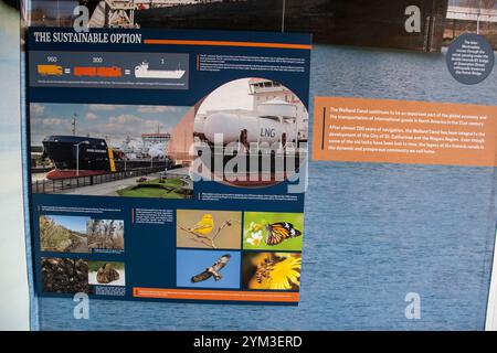 Cartello con opzione sostenibile all'interno del St. Catharines Museum sulla Welland Canals Parkway in Ontario, Canada Foto Stock