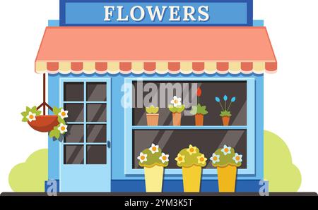 Piccolo negozio di fiori che vende piante colorate in fiore in vasi esposti sugli scaffali e sul marciapiede, cesto appeso con fiori, vettoriale Illustrazione Vettoriale