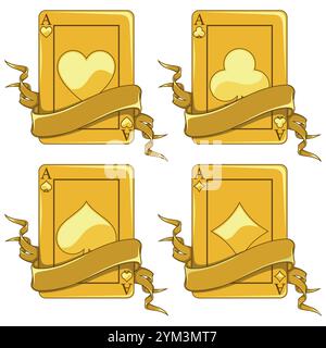 Carta poker circondata da un nastro, simboli del poker di cuore, diamante, mazza e asso Illustrazione Vettoriale