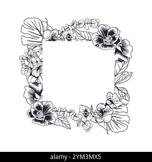 Cornice floreale quadrata, inchiostro. Foglie tropicali di palma monstera, rami di eucalipto, ortensie. Illustrazione vettoriale disegnata a mano in stile grafico. Per salutare Illustrazione Vettoriale