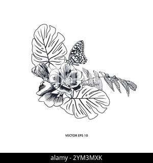 Bouquet di fiori con foglie di monstera, felce e farfalla seduta. Illustrazione vettoriale disegnata a mano in stile grafico con inchiostro. Per i biglietti d'auguri, inv Illustrazione Vettoriale