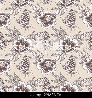 Motivo floreale senza cuciture con farfalle in inchiostro. Illustrazione vettoriale disegnata a mano in stile grafico. Per tessuti, tessuti, fodere, imballaggi, carta da parati. Illustrazione Vettoriale