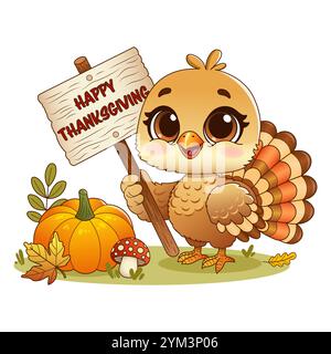 Adorabile cartone animato del Ringraziamento tacchino con un cartello "Happy Thanksgiving", circondato da zucche, foglie e funghi Illustrazione Vettoriale