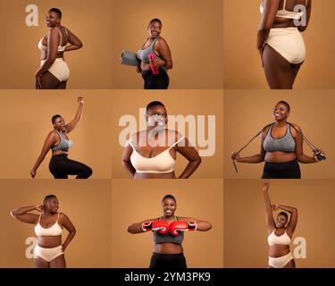 Celebrazione del fitness e della positività del corpo attraverso diverse pose di allenamento Foto Stock