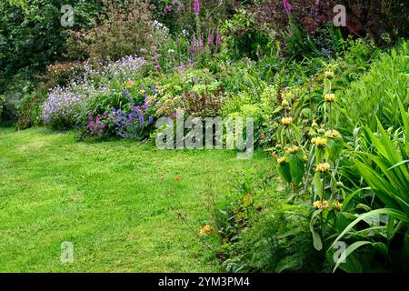 Phlomis,Euphorbia characias,nepeta nepeta sei colline gigante,geranio,astilbe,confine misto,confine misto perenne,letto misto,giardino,lungo confine perenne, Foto Stock