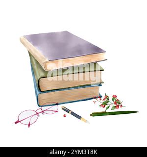 Una pila di libri ed eleganti occhiali rosa. Illustrazione digitale acquerello. Penne per fontane e frutti di bosco rossi luminosi isolati su sfondo bianco. twi verde Foto Stock