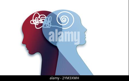 Salute mentale, concetto di disturbo cerebrale. Alzheimer e psicologia. Concetto di psicoterapia con testa umana, terapista e paziente. Foto Stock