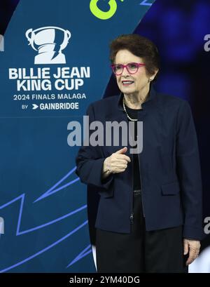 Malaga, Spagna. 20 novembre 2024. Billie Jean King durante la cerimonia di vittoria della finale della Billie Jean King Cup, al Palacio de Deportes Jose Maria Martin Carpena Arena di Malaga. Crediti: Isabel Infantes/Alamy Live News Foto Stock