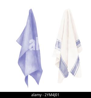 Tovaglioli e asciugamani da cucina, set. Illustrazione digitale acquerello. Asciugamani bianchi in cotone con striscia blu, tovaglioli blu in lino appesi, isolati o Foto Stock