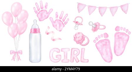 Set banner per neonata, bandiere rosa, biberon, succhietto, impronta, impronta a mano, arco, palloncino. Illustrazione ad acquerello disegnata a mano bianca isolata Foto Stock