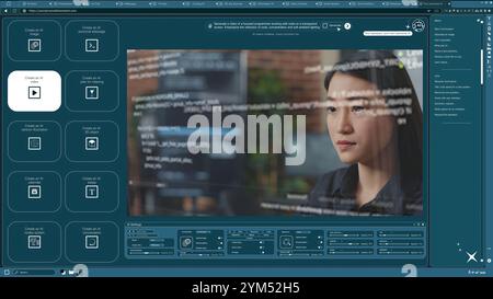Software DI INTELLIGENZA ARTIFICIALE che trasforma i messaggi di testo in video di una donna che scrive righe di codice. Generatore di intelligenza artificiale da testo a video che trasforma le parole in clip di programmazione su PC Foto Stock