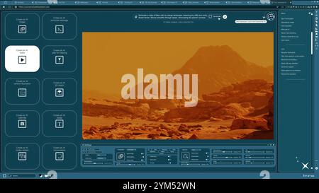 Software DI INTELLIGENZA ARTIFICIALE che trasforma i messaggi di testo in video del paesaggio desertico di Marte. Generatore di intelligenza artificiale da testo a video che trasforma le parole in clip di polverosa superficie rocciosa del pianeta Foto Stock