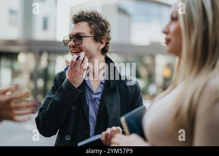 Colleghi di lavoro sorridenti che fanno una vivace discussione all'aperto Foto Stock