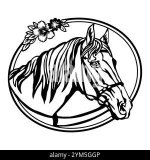 Testa di cavallo con fiori e foglie. Illustrazione vettoriale. Stile disegnato a mano. Modelli per taglio laser, progettazione di biglietti, interni e albero di Natale d Illustrazione Vettoriale