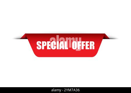 Banner offerta speciale. Nastro rosso piegato. Testo bianco in grassetto. Design vettoriale semplice. Illustrazione Vettoriale