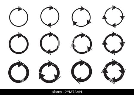 Icona frecce circolari. Simbolo di flusso rotante. Grafico freccia di riciclo. Design vettoriale nero. Illustrazione Vettoriale