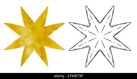 Esistono due distinte forme a stella, una dorata e strutturata, l'altra perfettamente delineata, ideale per progetti creativi. Oggetti isolati su sfondo bianco per vari design Foto Stock