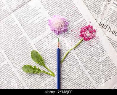 Fiori e matite colorate sul giornale. Foto Stock