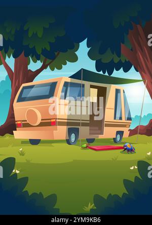 Camper beige parcheggiato su erba nella foresta tra alberi alti. Il tappeto rosso dà il benvenuto ai visitatori. I coloratissimi scarafaggi dei cartoni animati strisciano sotto il veicolo. Rimorchio per avventure all'aria aperta e campeggio eco-turismo. Illustrazione Vettoriale