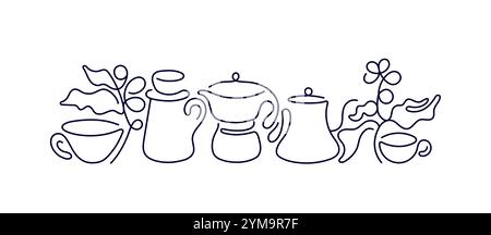 Simbolo del vettore di linea astratto per la preparazione del caffè. Grafica per la caffetteria. Logo con contorno semplice per il caffè Illustrazione Vettoriale