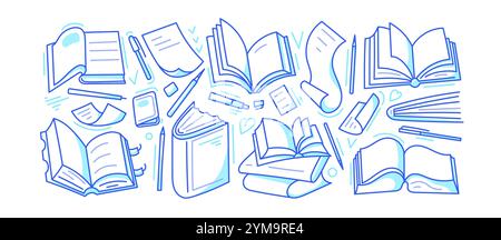 Libri aperti, raccolta a scorrimento carta. Linea di schizzo impostata su sfondo bianco. Biblioteca, lezione a scuola, lezione all'università Illustrazione Vettoriale
