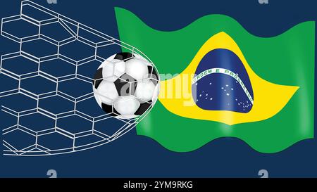 Pallone da calcio in rete e bandiera brasiliana ondulata isolata su sfondo blu Illustrazione Vettoriale