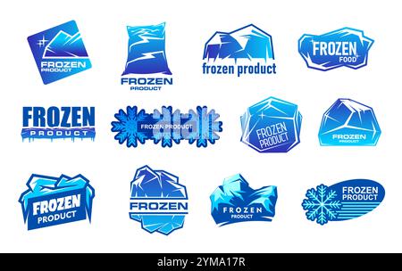 Icone di prodotti congelati con cristalli di ghiaccio vettoriali e cubetti, fiocchi di neve, ghiacciai e ghiaccioli. Prodotto congelato, conservare le etichette di imballaggio per alimenti e bevande fredde. Blocchi di ghiaccio blu e frammenti di ghiaccio isolati Illustrazione Vettoriale