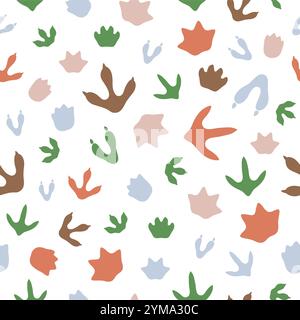 Impronte di dinosauro sfondo senza cuciture di dino preistorico cartoni animati, lucertole vettoriali impronte dei piedi. Sfondo con impronta di dinosauro Jurassic per bambini di zampe colorate di draghi rettili Illustrazione Vettoriale