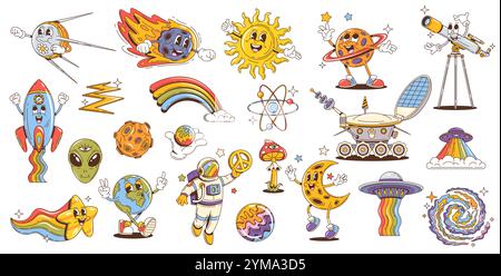 Personaggi spaziali retrò, alieni psichedelici dei cartoni animati, sole hippie, terra, luna e pianeti di saturno. Personaggi vettoriali Trippy di astronauti, razzi, astronavi e UFO. Stella e satellite spaziale Groovy Illustrazione Vettoriale