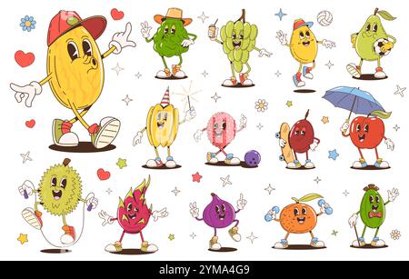 Personaggi retrò di frutta di cartoni animati cartoni animati come mela, arancia, uva e mango. Personaggi vettoriali di cibo a base di frutta, carambola hippy psichedelica, fichi, pera e feijoa, lychee e meloni Illustrazione Vettoriale