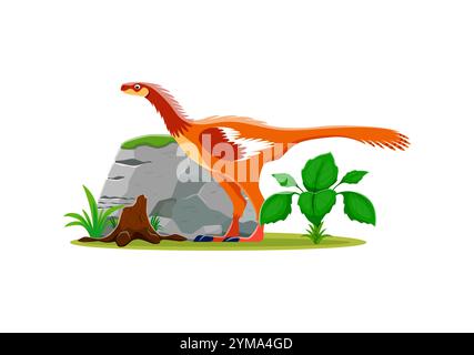 Dinosauro o lucertola preistorica Archaeopteryx per personaggio dei cartoni animati, animale estinto vettoriale. Archaeopteryx, dinosauro piumato di uccelli dell'era del Giurassico o del Cretaceo, per la collezione dell'atlante paleontologico dei bambini Illustrazione Vettoriale