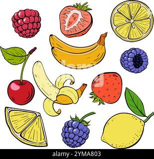 Collezione Tropical Fruit vibrante e colorata con splendide illustrazioni e disegni. Vettore Illustrazione Vettoriale