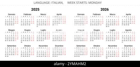 calendari italiani 2025 e 2026 (calendario italiano). Serie di anni di illustrazione vettoriale modificabile semplice per l'Italia Illustrazione Vettoriale