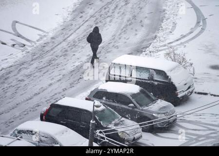 Kiev, Kiev, Ucraina. 21 novembre 2024. La gente va a lavorare come prima neve dell'anno che copre le strade di Kiev. (Credit Image: © Andreas Stroh/ZUMA Press Wire) SOLO PER USO EDITORIALE! Non per USO commerciale! Foto Stock