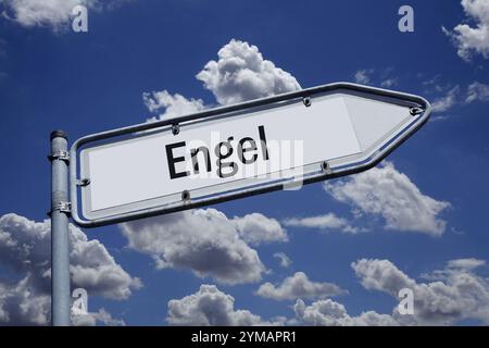 Wegweiser nach oben mit Schriftzug Engel Wegweiser nach oben mit Schriftzug Engel, 21.11.2024, Borkwalde, Brandeburgo, Auf einem Wegweiser befindet sich der Schriftzug Engel. *** Signpost verso l'alto con angeli di lettere Signpost verso l'alto con angeli di lettere, 21 11 2024, Borkwalde, Brandeburgo, su un cartello c'è l'angelo di lettere Foto Stock