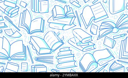 Libri aperti e chiusi, stampa senza interruzioni. Illustrazione grafica a linee su sfondo bianco. Biblioteca, lezione a scuola, lezione per la lettura e lo studio Illustrazione Vettoriale